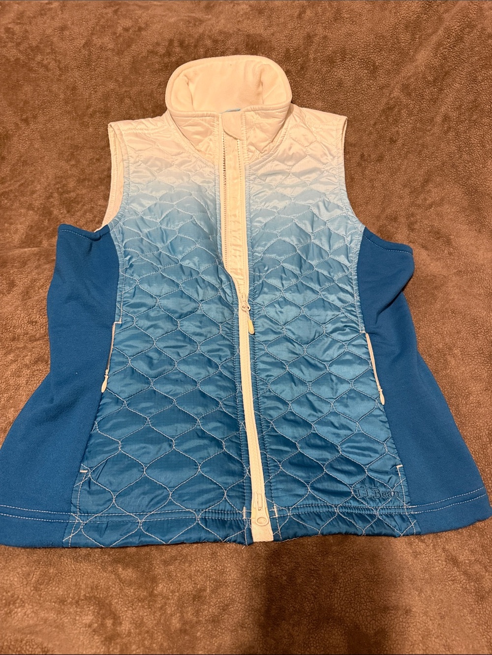 L.L. Bean Girls' Blue Ombre Quilted Vest with White Trim